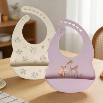 2-Pack Baby Silicone Bibs: Soft pink/light purple color scheme, 11×9cm size, waterproof and easy to wipe, with food collection bag