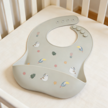 1-Pack Baby silicone bibs, rock blue & light rust, with food collection bag, dishwasher safe, waterproof, durable, adjustable size.