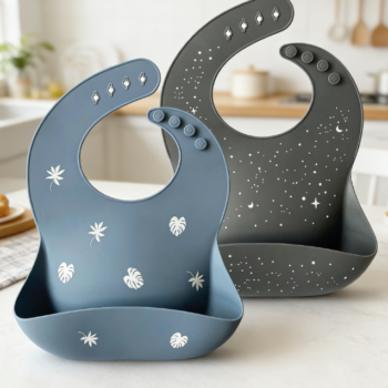 1-Pack Baby Silicone Bibs: Happy Naughty Boy Heart Pattern, with Food Tray, Dishwasher Cleanable, Waterproof, Stain-Resistant, Adjustable